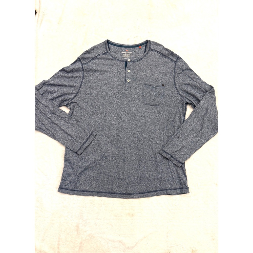 Tommy Bahama Mens XL Blue Heathered Cotton Long Sleeve Henley Pocket Shirt